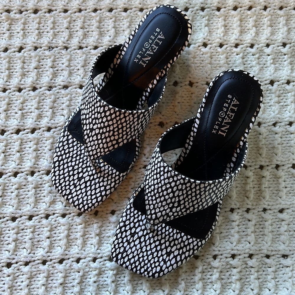 Alfani woman’s wedge sandals. Black and white print. Size 5M. NWOT